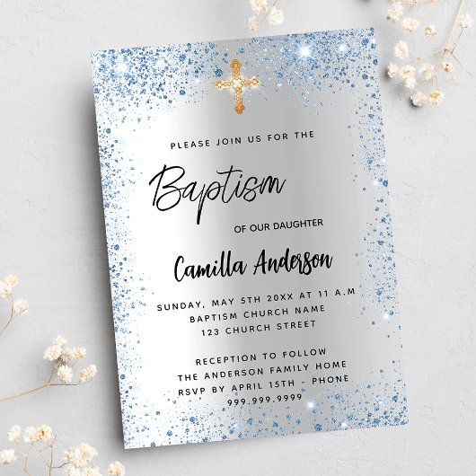 Invitation Baptême argent bleu garçon parties scintillant cro