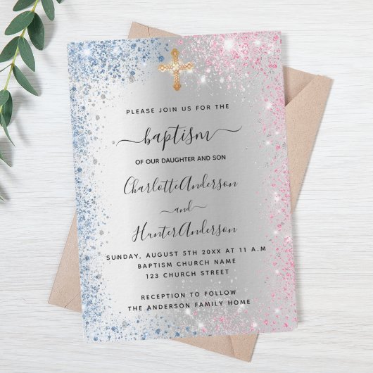 Invitation Baptême argent bleu rose jumeaux garçon fille luxe