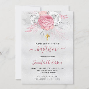 Invitation Baptême argent rose florales fille élégant blanc