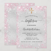 Invitation Baptême argent rose parties scintillant fille mode (Devant / Derrière)
