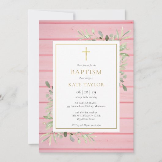 Invitation Baptême au Bois Rustique Rose et Feuillage (Devant)