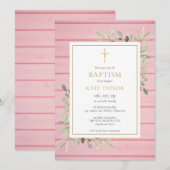 Invitation Baptême au Bois Rustique Rose et Feuillage (Devant / Derrière)
