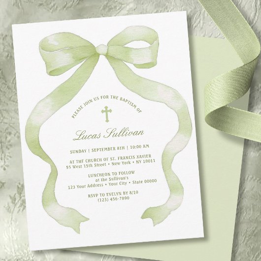 Invitation Baptême au Ruban Vert Élégant