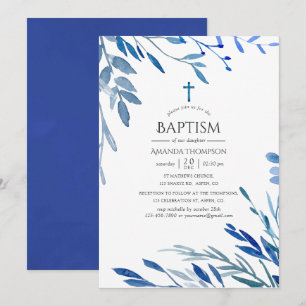 Invitation Baptême aux feuilles d'indigo marine aquarelle