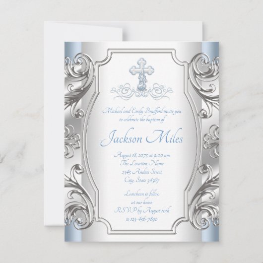 Invitation Baptême Baby Blue Croix d'Argent (Dos)