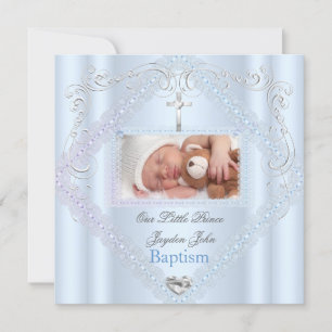 Invitation Baptême Baby Boy Blue Christening Cross Prince 2