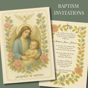 Invitation \Baptême Baby Guardian Angel Floral