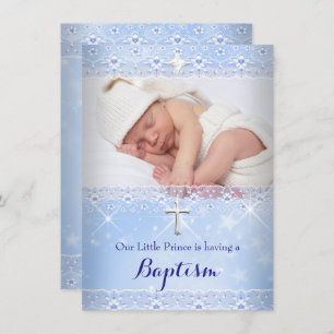Invitation Baptême Baby Photo du garçon Dentelle Bleue