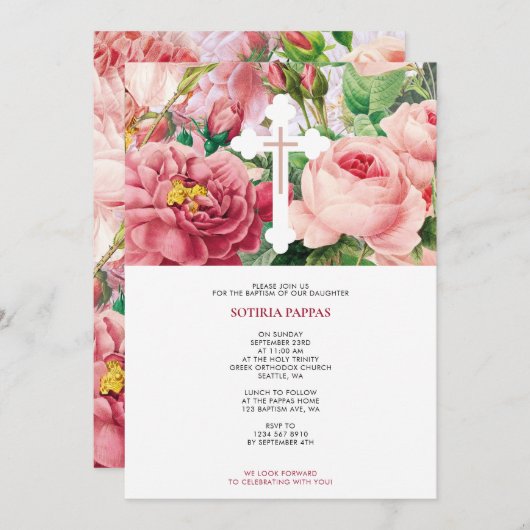 Invitation Baptême Baptême Baptême Fille Roses Rose (Devant / Derrière)