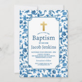 Invitation Baptême Baptême Bleu Blanc Floral Gold Cross (Devant)