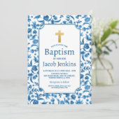Invitation Baptême Baptême Bleu Blanc Floral Gold Cross (Debout devant)