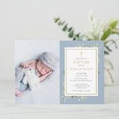 Invitation Baptême Baptême Bleu Dusty Photo Christening (Debout devant)