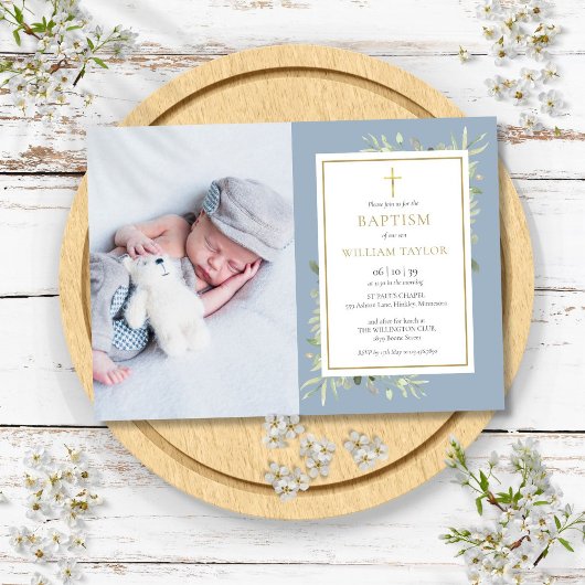 Invitation Baptême Baptême Bleu Dusty Photo Christening