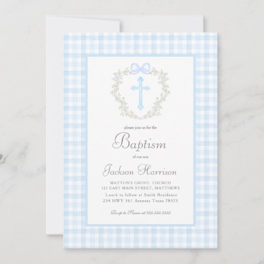Invitation Baptême Baptême Bleu Gingham Invitation, Baptême g (Devant)