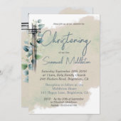 Invitation Baptême baptême moderne Botanique Croix élégante (Devant / Derrière)