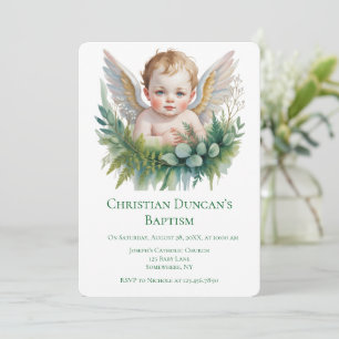 Invitation Baptême Bébé Ange aux Ailes de Plume Aquarelle
