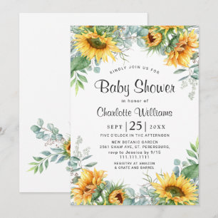 Invitation Baptême Bébé Aquarelle Tournesols Eucalyptus