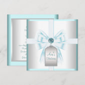 Invitation Baptême bébé blanc sarcelle bleu (Devant / Derrière)