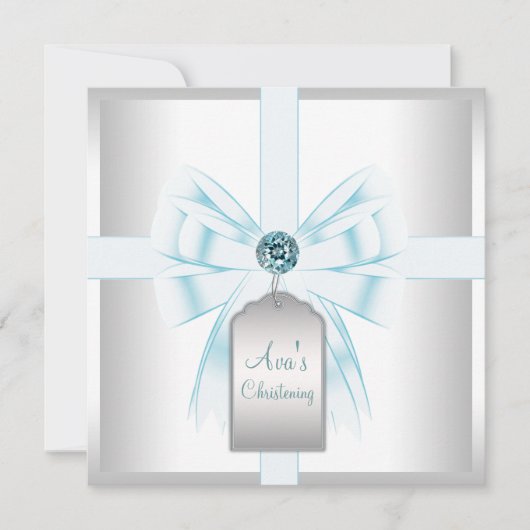 Invitation Baptême bébé blanc sarcelle bleu (Devant)
