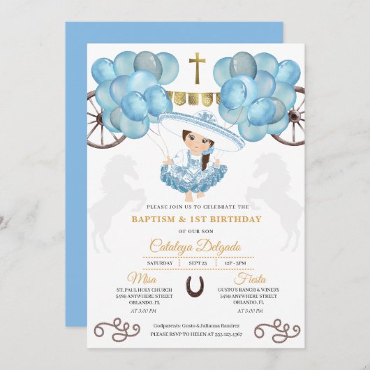 Invitation Baptême Bébé Bleu & Or Charra Ballons Mexicains Ba (Devant / Derrière)
