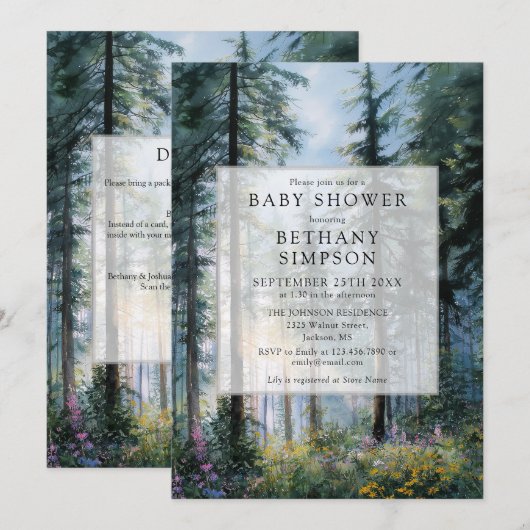 Invitation Baptême Bébé Code QR Forêt Florale Aquarelle (Devant / Derrière)