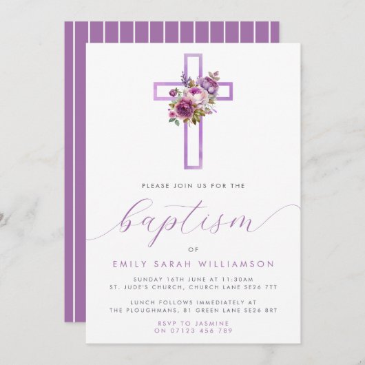 Invitation Baptême bébé croix florale violette (Devant / Derrière)