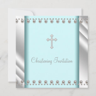 Invitation Baptême bébé croix perle bleu sarcelle Christening