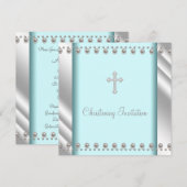 Invitation Baptême Bébé Croix Perle Bleu Turquoise (Devant / Derrière)