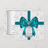 Invitation Baptême bébé damas blanc sarcelle bleu (Devant / Derrière)