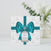 Invitation Baptême bébé damas blanc sarcelle bleu (Debout devant)