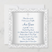 Invitation Baptême bébé damas blanc sarcelle bleu (Dos)