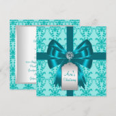 Invitation Baptême bébé damas bleu sarcelle (Devant / Derrière)