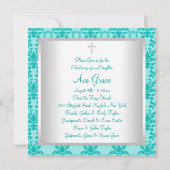 Invitation Baptême bébé damas bleu sarcelle (Dos)