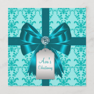 Invitation Baptême bébé damas bleu sarcelle