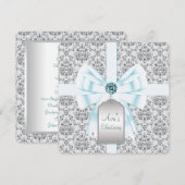 Invitation Baptême bébé damas bleu sarcelle (Devant / Derrière)