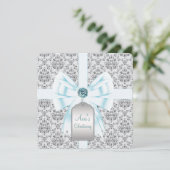 Invitation Baptême bébé damas bleu sarcelle (Debout devant)