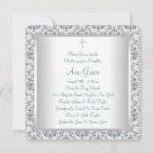 Invitation Baptême bébé damas bleu sarcelle (Dos)