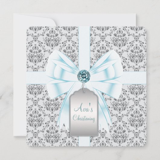 Invitation Baptême bébé damas bleu sarcelle (Devant)