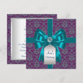 Invitation Baptême bébé damas violet sarcelle bleu (Devant / Derrière)