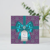 Invitation Baptême bébé damas violet sarcelle bleu (Debout devant)