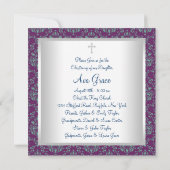Invitation Baptême bébé damas violet sarcelle bleu (Dos)