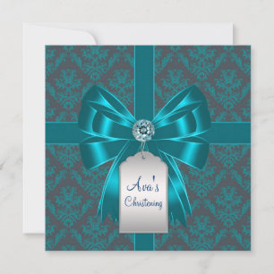 Invitation Baptême Bébé Damassé Bleu sarcelle