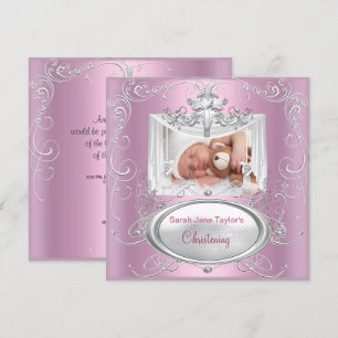 Invitation Baptême Bébé Fille Argent Rose Croix