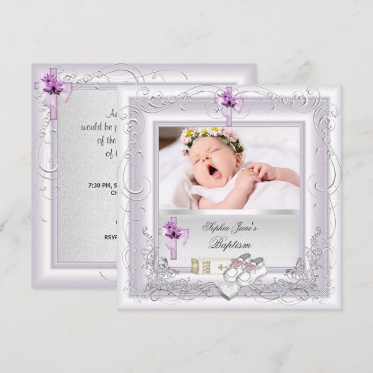 Invitation Baptême Bébé Fille Blanc Lilas Rose (Devant / Derrière)