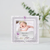 Invitation Baptême Bébé Fille Blanc Lilas Rose (Debout devant)