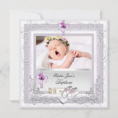 Invitation Baptême Bébé Fille Blanc Lilas Rose (Devant)