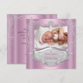 Invitation Baptême Bébé Fille Christening Croix Argent Rose (Devant / Derrière)