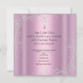 Invitation Baptême Bébé Fille Christening Croix Argent Rose (Dos)