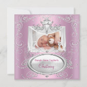 Invitation Baptême Bébé Fille Croix Argent Rose (Devant)