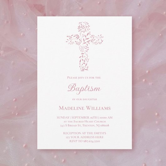Invitation Baptême bébé fille | croix feuillue